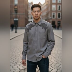 GUESS Men's Charcoal Button Down Shirt